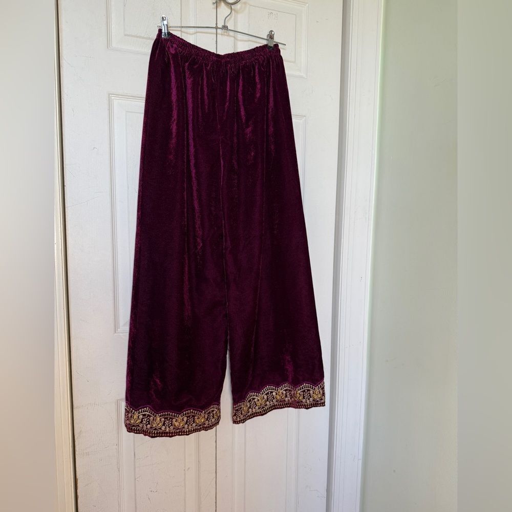 Vintage Bohemian Burgundy Loose-Fit Velvet Pants with Embroidery Details